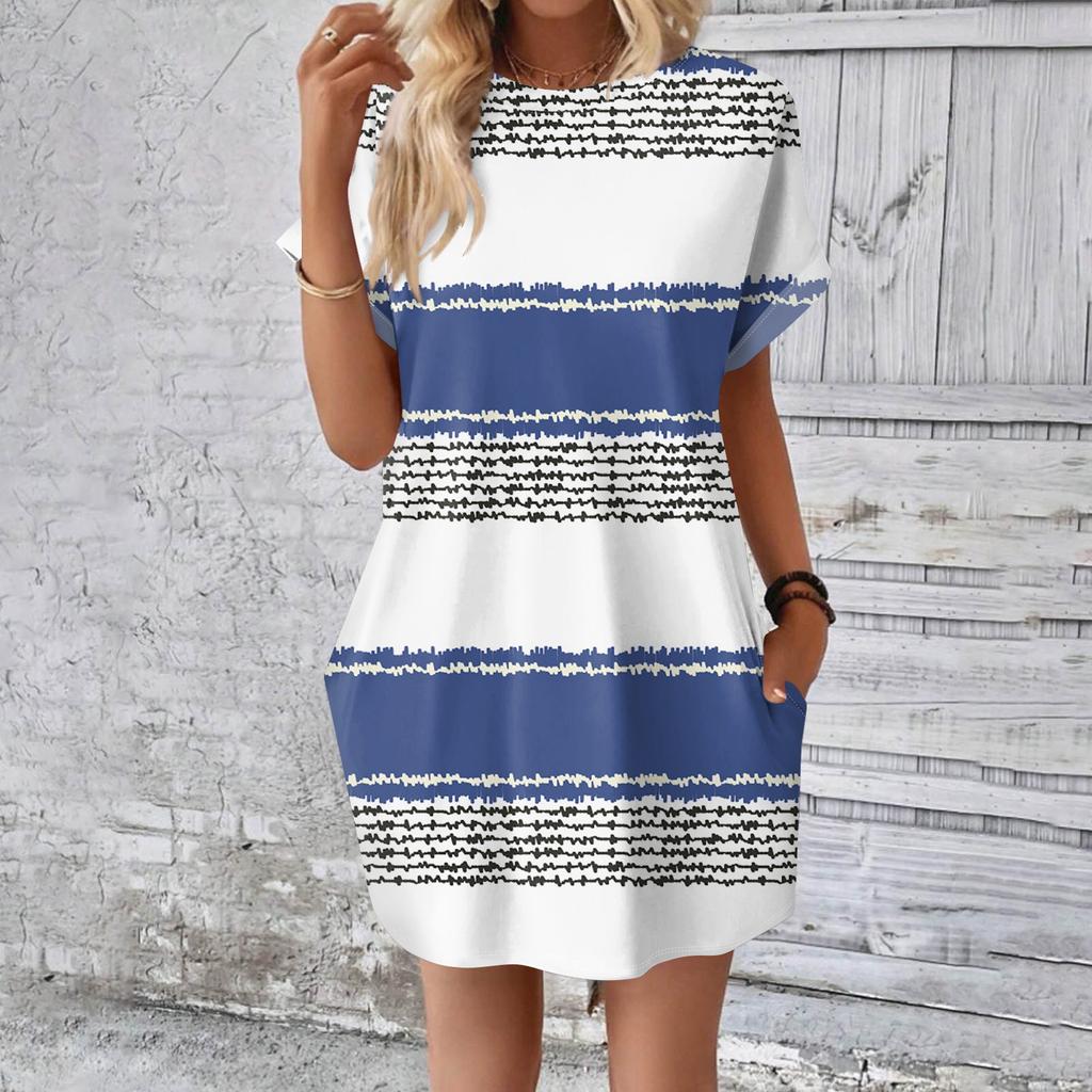 Rochie tricou lungă medie, la modă pentru femei, cu mâneci scurte, cu imprimeu de vară