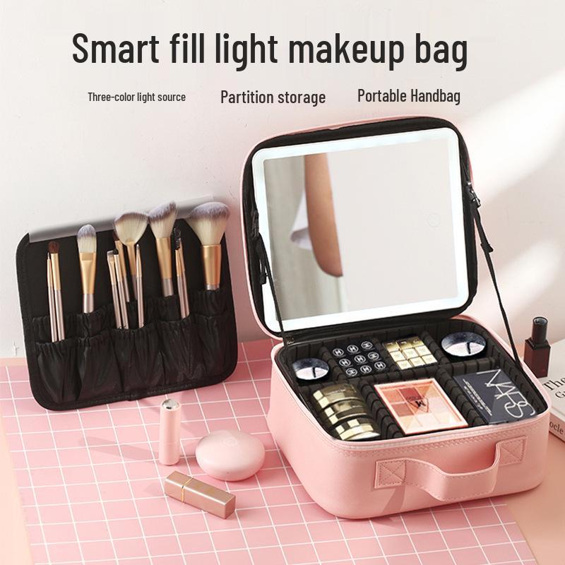 Portable LED Makeup Bag with Full Screen Mirror - Large Capacity Cosmetics Organizer