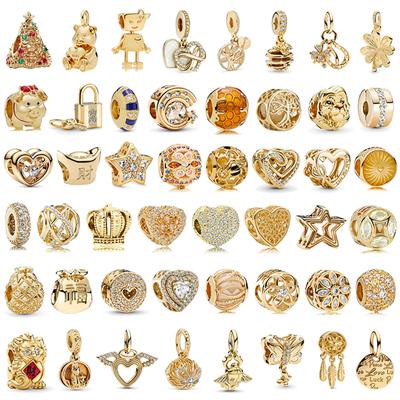 S925 Sterling Silver Shiny Gold Series Crown Lovely Pig Life Tree Beads Fit Original Bracelet DIY Women's Jewelry