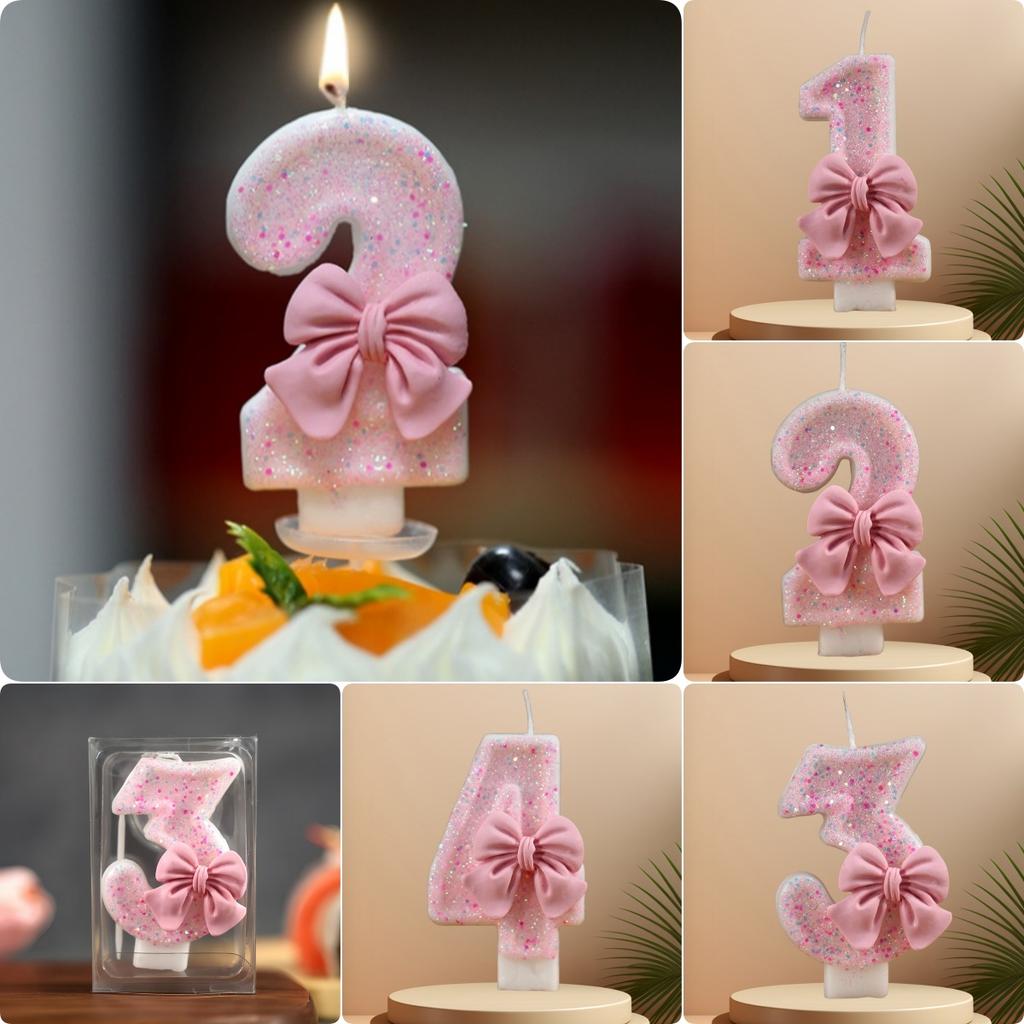 Cute Pink Bow 3D Number Cake Candles for Birthday Party Decorations Birthday Decoration Cake Decorating Tools gender reveal NONE