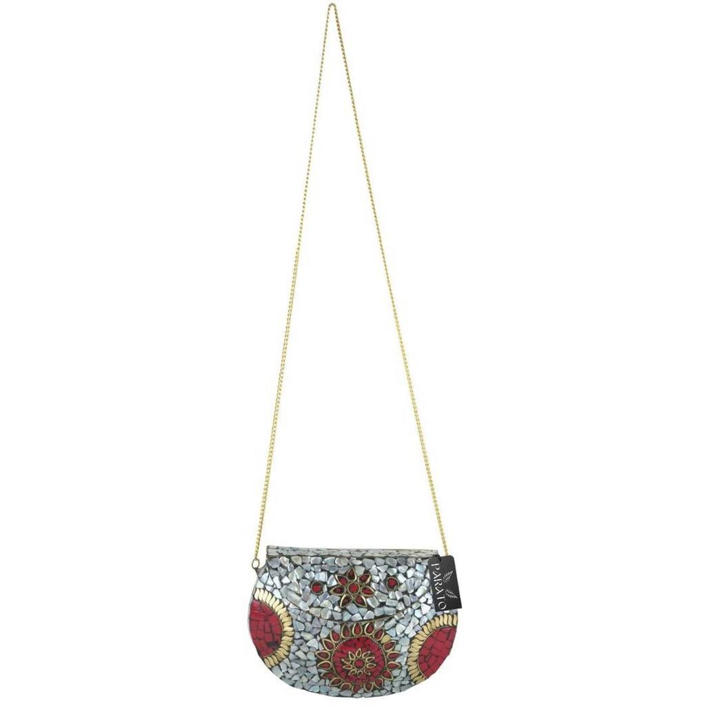 Red Women Sling Bag Handmade Metal Mosaic Bag Decorated with Tiles