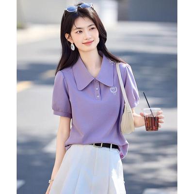 Women's Summer Embroidered Polo Collar T-Shirt with Princess Sleeves