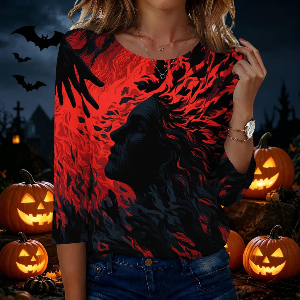 Women's Casual Round Neck Three Quarter Sleeve Halloween Print T Shirt Top Lightweight Comfortable Fit