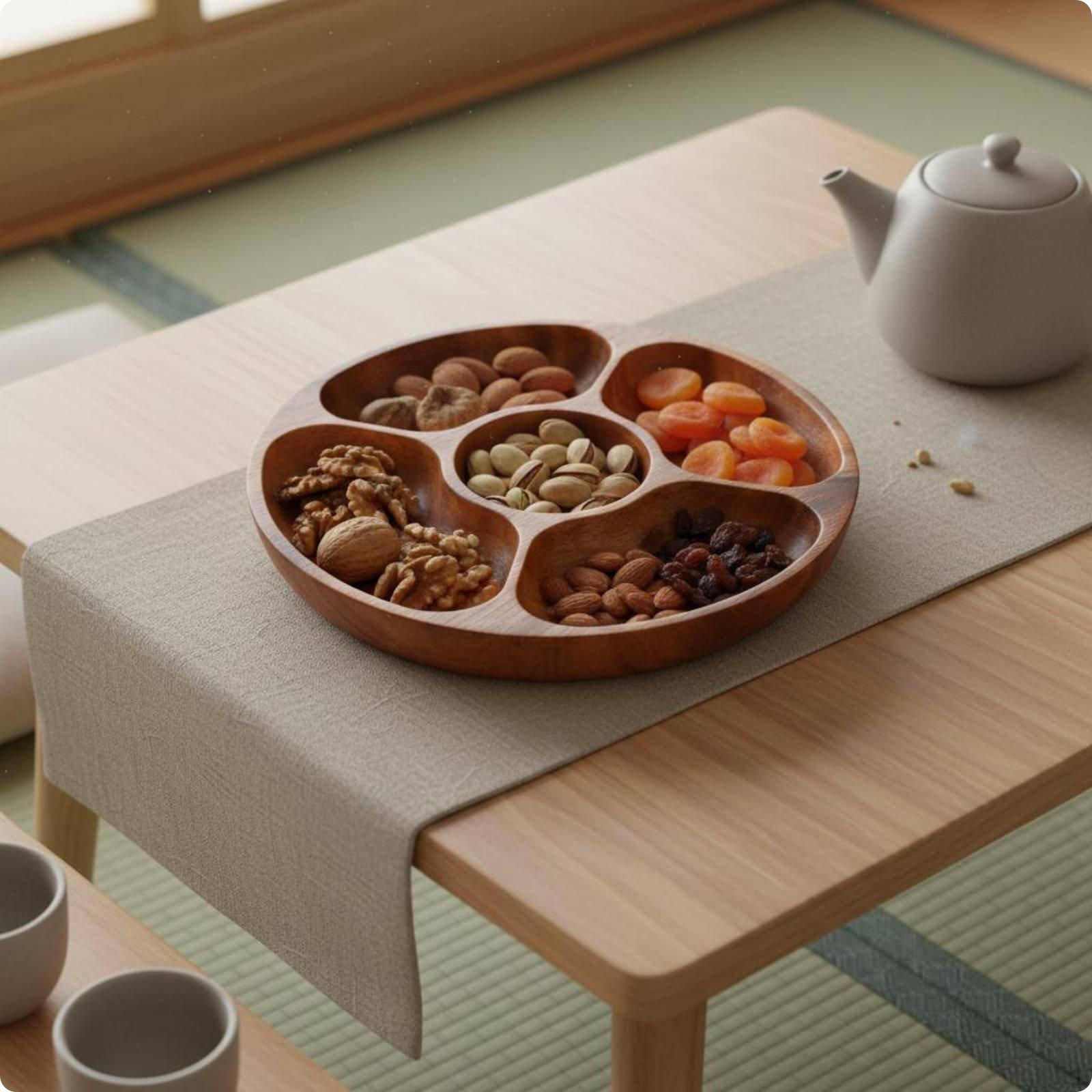 Acacia Wood Nut Dish Japanese Serving Versatile Wooden Divided Tray for 25CM