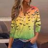 Women's Fashion Casual T-Shirt V-Neck Seven Sleeve  Printed Button Top