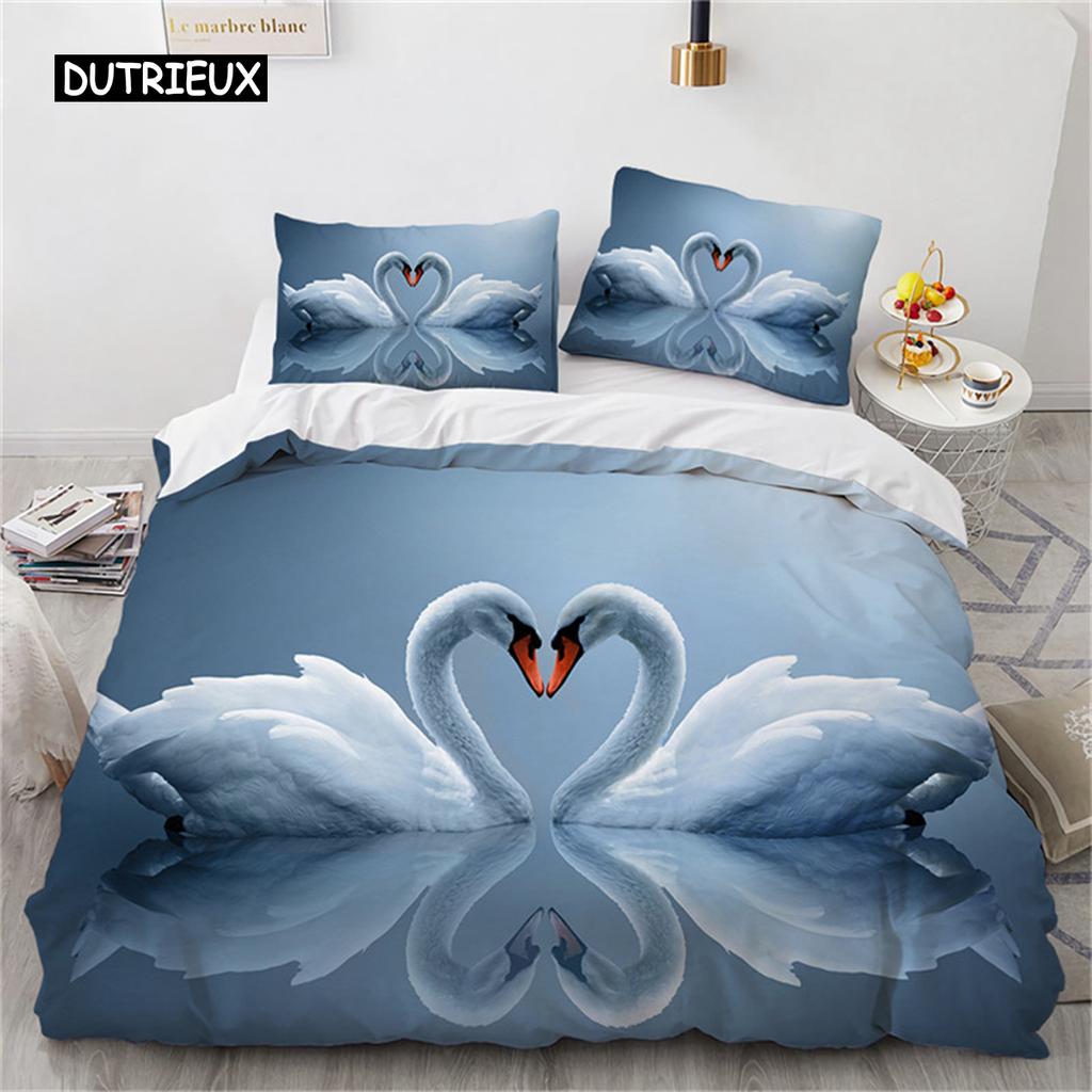 Romantische Schwan Bettbezug Mikrofaser Blume Bettwäsche Set Bettdeckenbezug Extra Groß Einzelbett für Liebhaber Schlafzimmer Romantische Dekoration