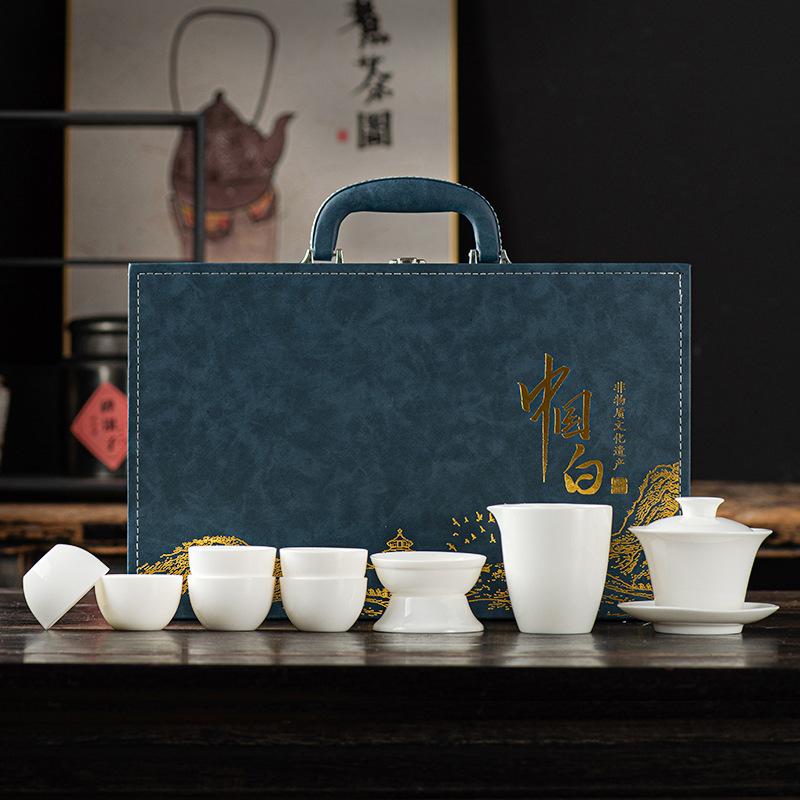 Chinese high-end Dehua suet jade white porcelain tea set Kung Fu teacup office guest cover bowl set