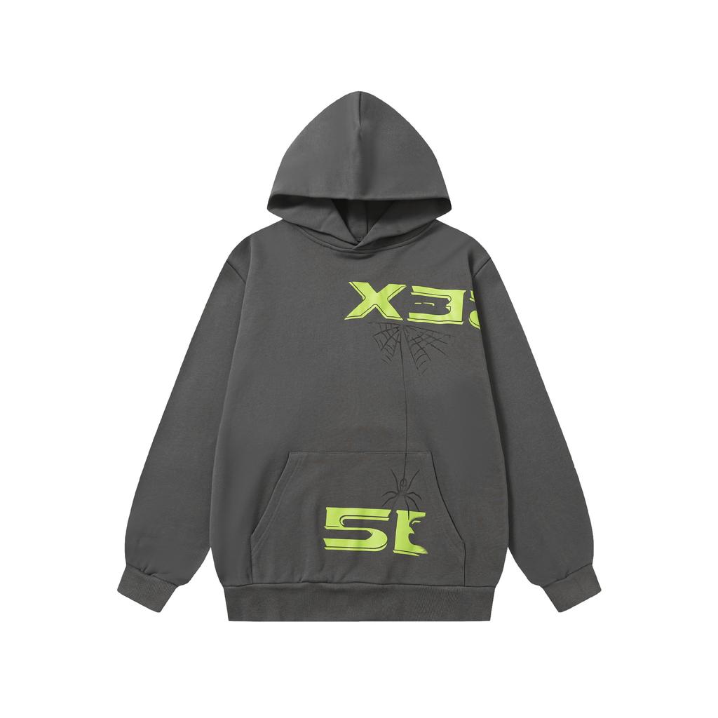 A high-quality SP5DER spider web foam printed hoodie, European and American large-size loose sweater.