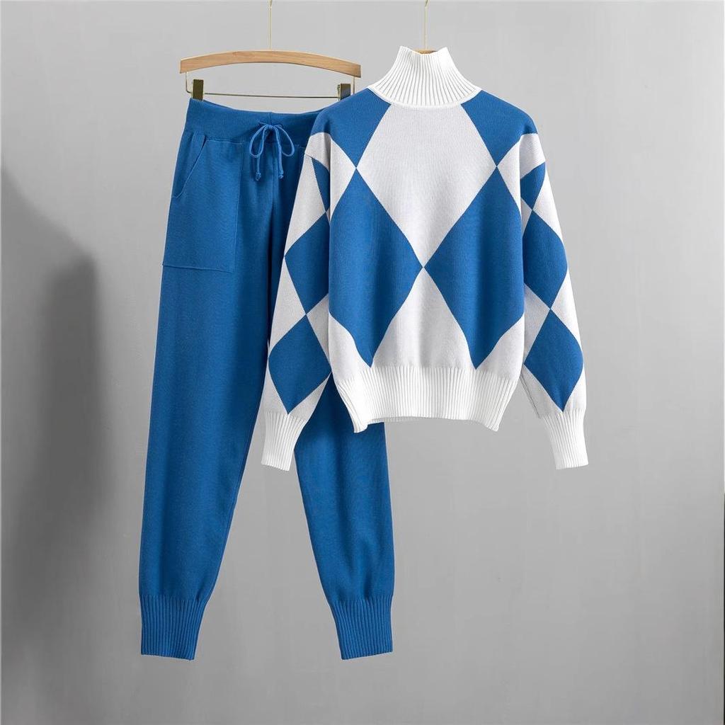 European Style Women's Casual Plaid Knit Sweater Two-Piece Set