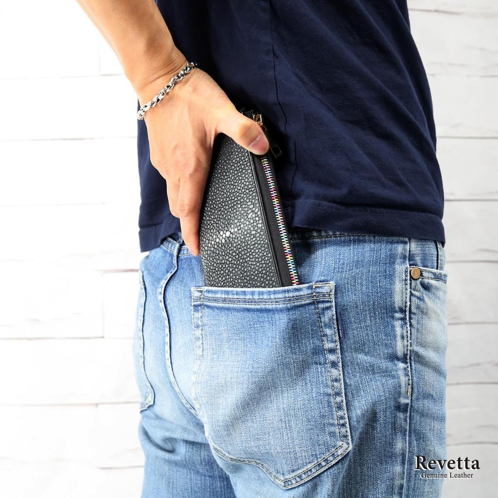 [Revetta] Stingray Leather Long Wallet, YKK MIX Color L-shaped Zipper, Galusha Stingray Black, Men's and Women's Genuine Leather [164-1stw]