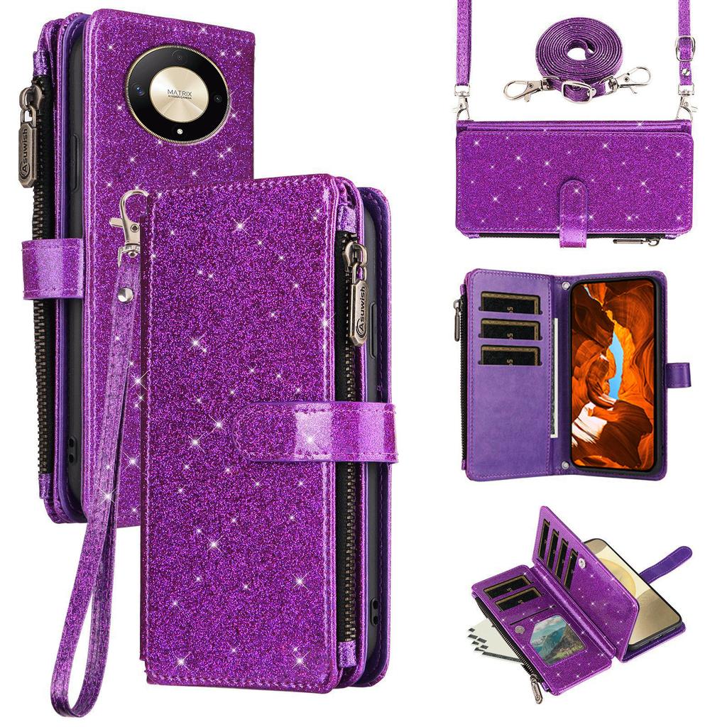 ASUWISH For Honor Magic6 Lite 5G/X9b 5G Case 10 Card Holder Glitter Leather Phone Cover with Crossbody Strap