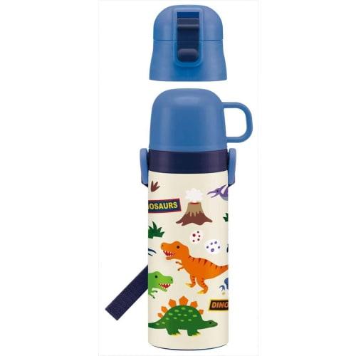 Skater Kids' Stainless Steel Water Bottle, 2-Way Design, 470ml (Direct Drink) or 430ml (Cup Drink), Dinosaur Design, Kid-Friendly and Lightweight, Ins