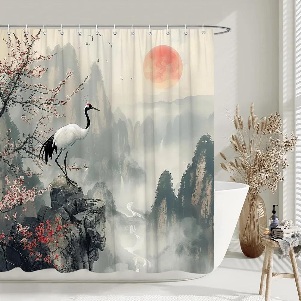 Zasłona prysznicowa w stylu chińskim Ryby Koi Kwiat Wiśni Słońce Fala Morska Ośmiornica Krajobraz Poliestrowa Zasłony Dekoracja Łazienki