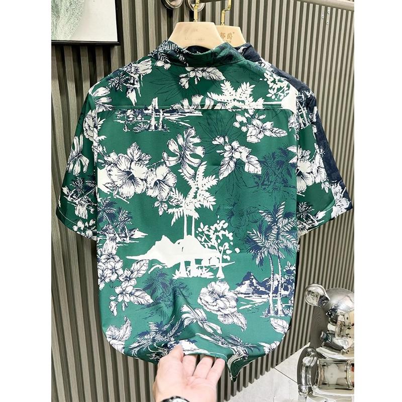 Men Clothing Summer Trendy Floral Print Hawaii Holiday Beach Shirt Casual Lapel Short Sleeve Pocket Loose Tops Camisa Masculina