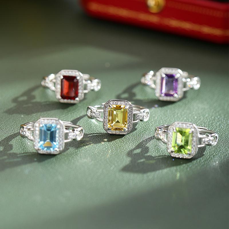 S925 Sterling Silver Square Natural Crystal Ring, Paved Colored Gems Adjustable Band, Luxury European Style Jewelry for Women, Daily Wear & Gift
