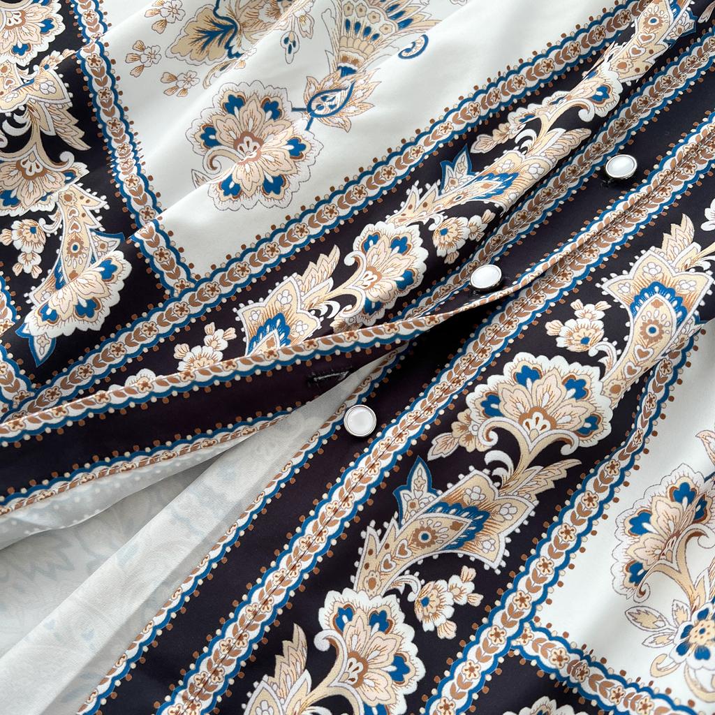 Spring Autumn Women Vintage Palace Print Single Breasted Ankle Length Holiday Party Shirt Dresses with Belt