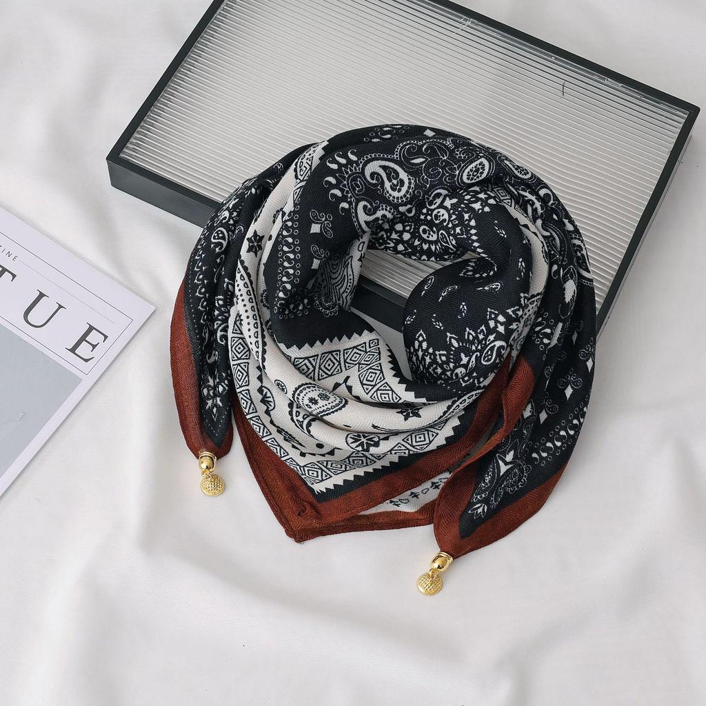 Women's 65" Silk Square Scarf with Magnetic Buckle – Autumn/Winter Print, Fashionable & Versatile Triangle Snood