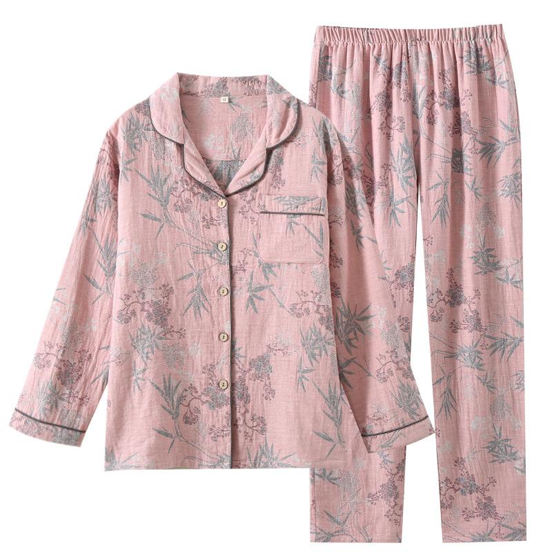 Pajamas women's retro long-sleeved trousers pure cotton double-layer cotton yarn-dyed spring and autumn simple skin-friendly casual loose loungewear