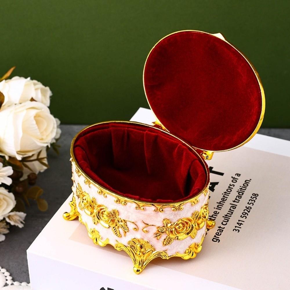 Oval Rose Enamel Box European Style Antique Storage Case Metal Jewelry Box Desk Storage