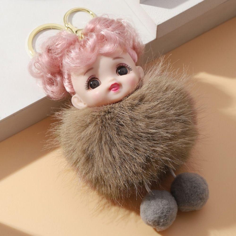 Soft Pompom Baby Keychain Pink Hair Fluffy Doll Keyring Cute Plush Dolls Pendant  Backpack Decor