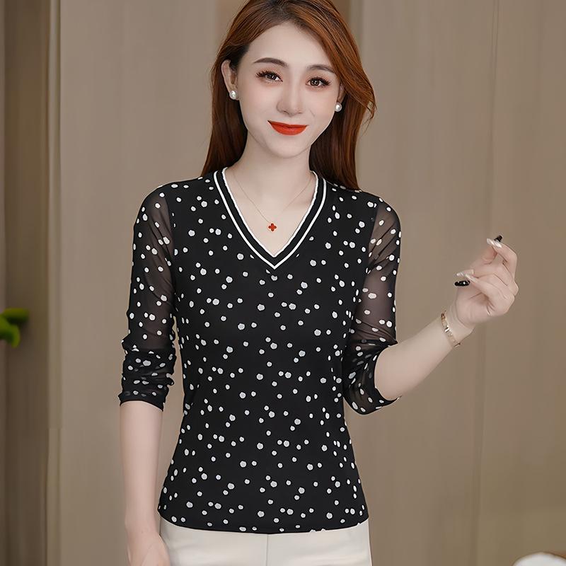Polka Dot V-Neck Mesh Long Sleeve Pullover - Versatile Women's Fashion Top