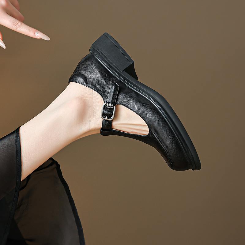 Krazing Pot Sheepskin Round Toe Size 42 Thick Med Heels Slip on Platform Gladiator Metal Buckle Autumn Pumps