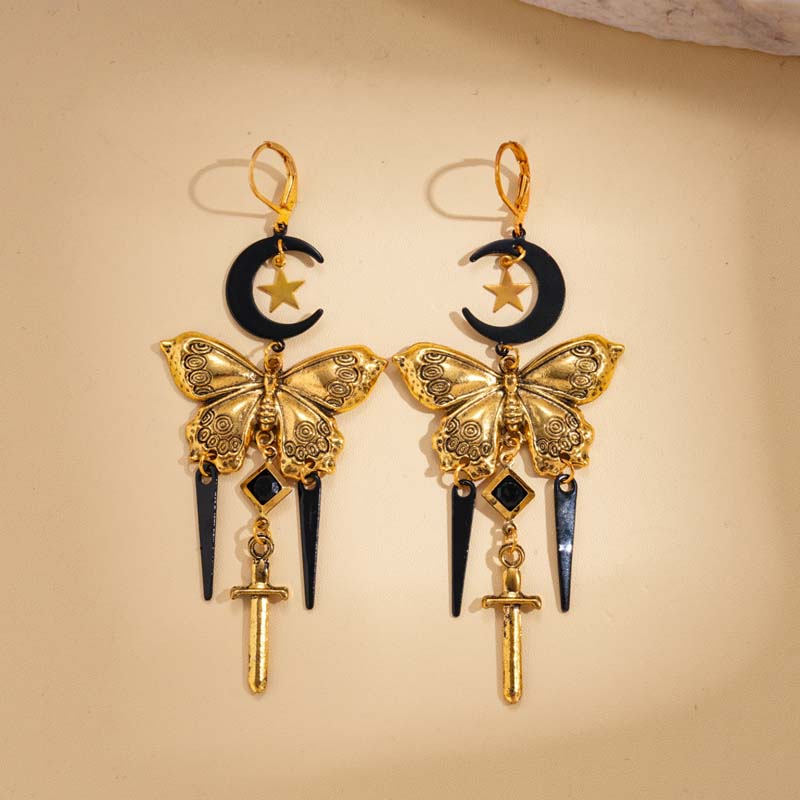 Vintage Metal Butterfly Pendant Earrings For Women Exaggerated Gold Color Star Cross Long Tassel Dangle Earrings Jewelry