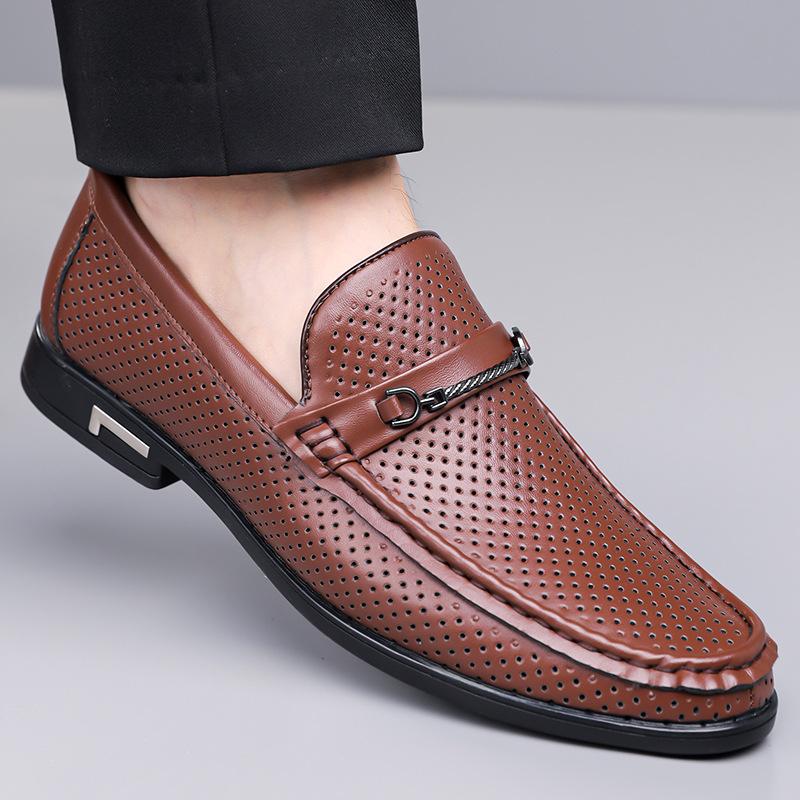 Fashionable Hollow Out Top Layer Cowhide Men's Slip-On Loafers Leisure Rubber Bottom Adult Sandals Comfortable Breathable Shoes