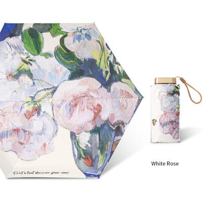 Mini-Handbuch, kompakter Regenschirm, Rosen-Ölgemälde-Regenschirm, rosa mit bunten Blumen, Reise-UV-Regenschirm, Frau, Paraguas