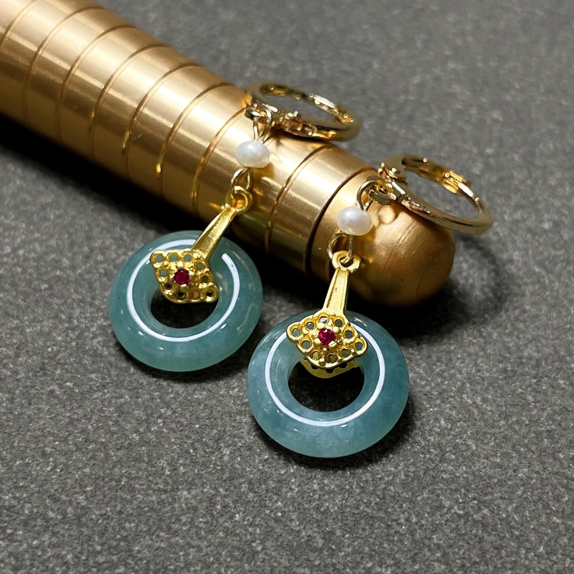 Natural A-Grade Blue Water Jade Donut Dangle Earrings with Anti-Lost Pearls, Chinese Ping An Kou Style