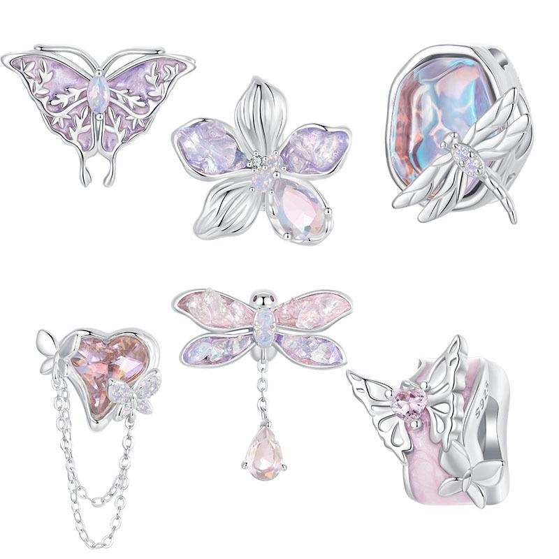Dream Insect Series Diy Bracelet Beads, Purple Dragonfly Butterfly S925 Silver Beaded Accessories