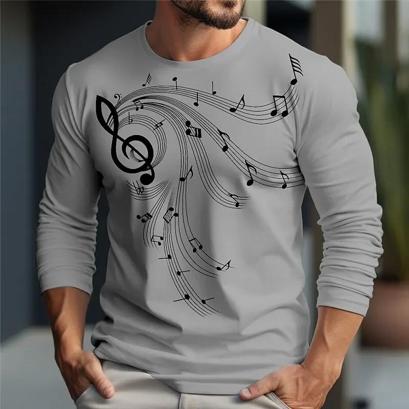 Men's Long-sleeved T-shirt Autumn Base Layer 3D Note Pattern Round-neck Casual T-shirt Loose Sportswear Men's Autumn Wear