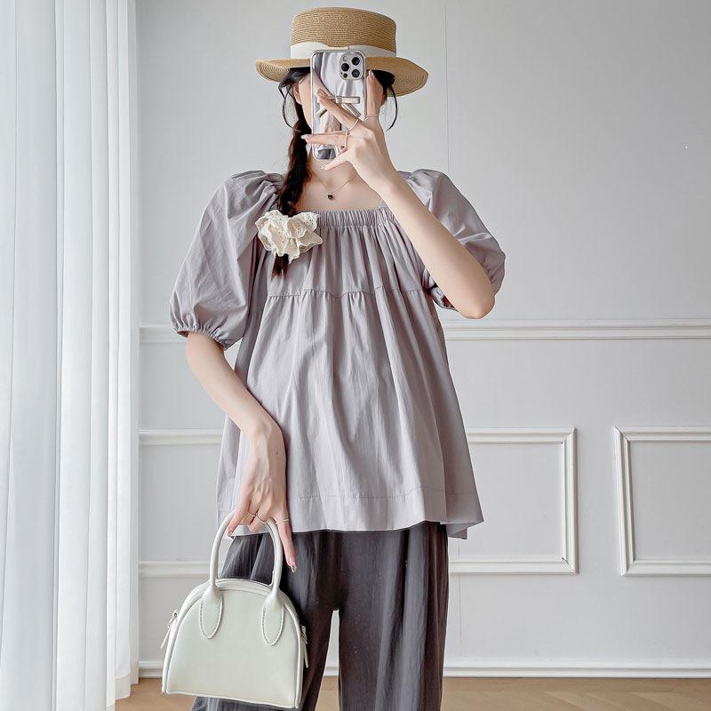 2026 Maternity Summer Off-the-Shoulder Puff Sleeve Top & Casual Straight-Leg Pants Set L