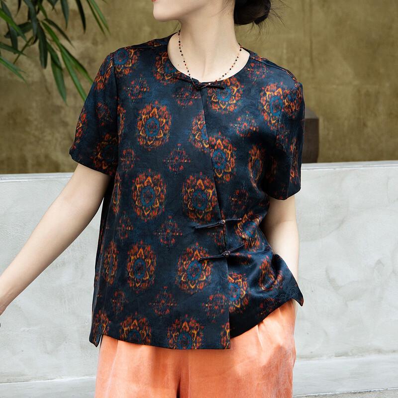 Lanseer 2026 Summer Mulberry Silk Gambiered Gauze Daisy Print Blouse L