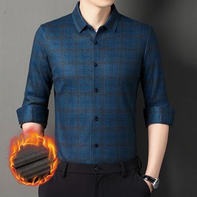 Autumn and Winter Velvet Plaid Men's Shirt New Style Middle-aged Fashion Thickened Lapel Shirt for Men