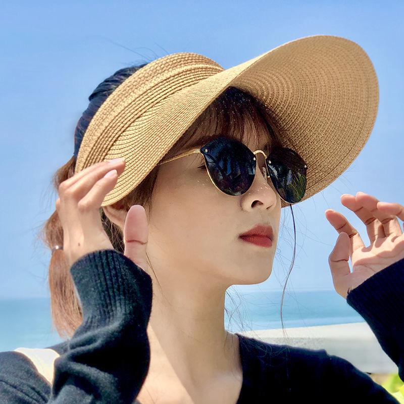 Women Straw Sun Visor Hat Adjustable Wide Brim Open Top Beach Cap Foldable Roll Up Summer UV Protection Travel Hat