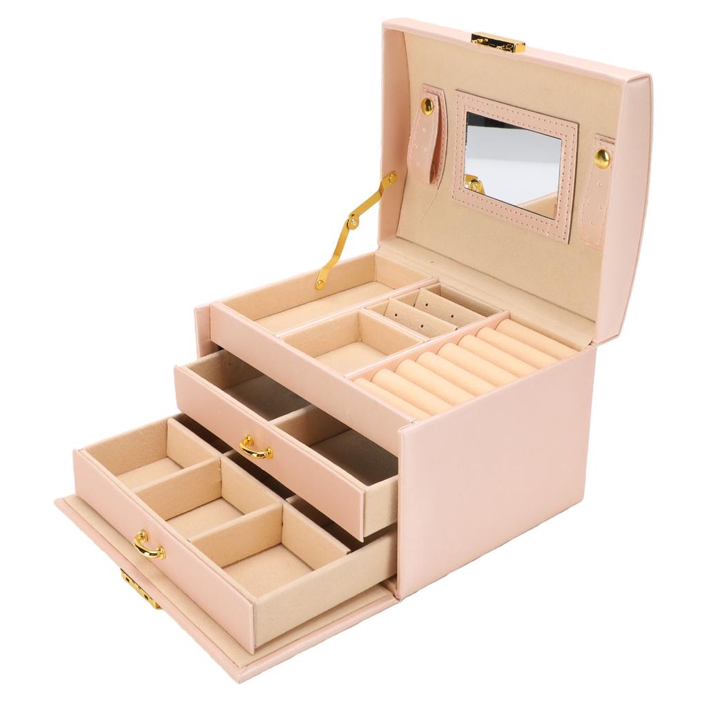 Jewelry Box Multifunctional Multi Layers Large Capacity Necklace Earrings Organizer Holder Box with Key Pink