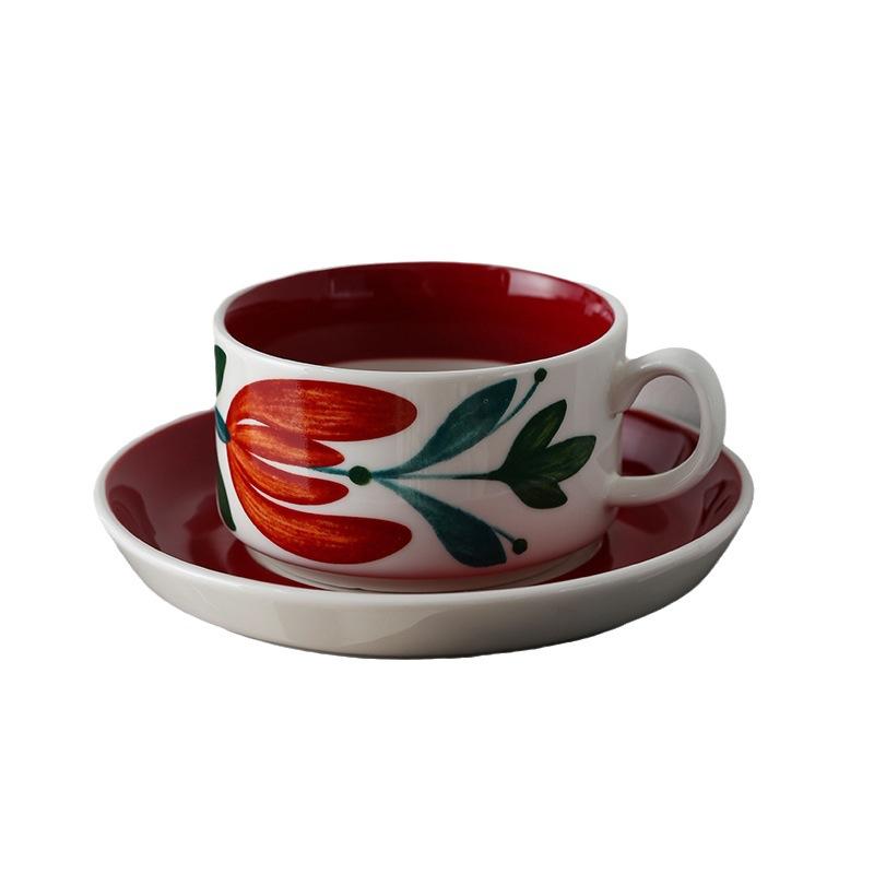 Light Luxury Retro Red Hibiscus Flower Coffee Cup Saucer High Sense Medieval Afternoon Tea Tea Cup Office Latte Cup
