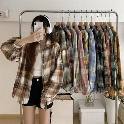 Camisa Xadrez Feminina Outono Manga Longa Top Feminino Moda Vintage Abotoamento Simples Blusa Senhoras Estilo Preppy Solta Camisas Xadrez