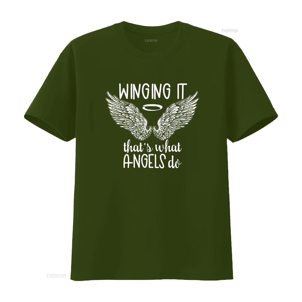 Womens Angel Wings Winging It Thats What Angels Do Spiritual Quote T Shirt Black Vintage Washed Slightly Homme Stretched
