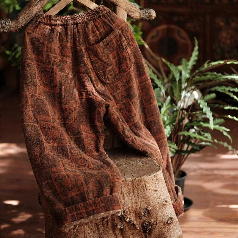 Johnature Women Vintage Print Floral Wide Leg Pants Elastic Waist Warm Winter Trouser Plus Cotton Women Loose Pants