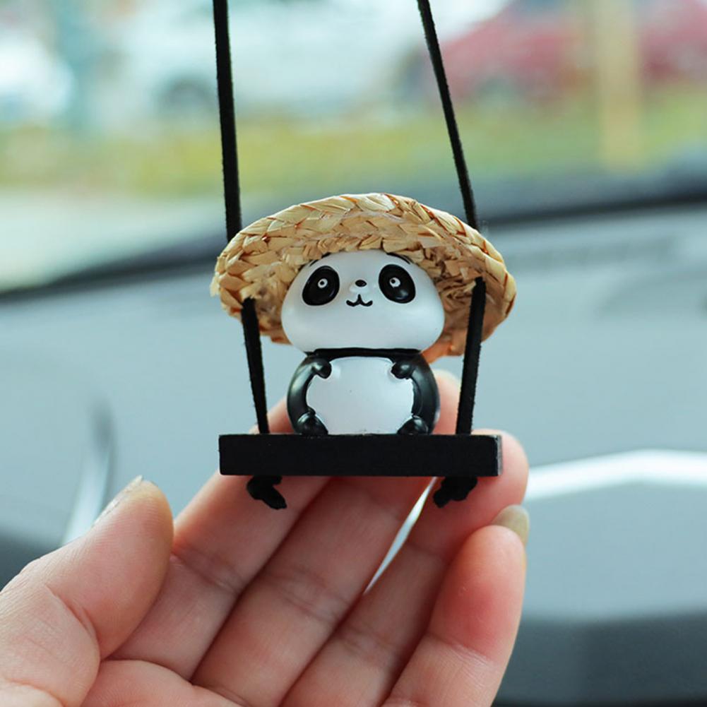 

Car Decoration Cute Panda Rearview Mirror Car Pendant Cartoon Decor Auto Accessories Interior Leather Lanyard Resin Ornaments