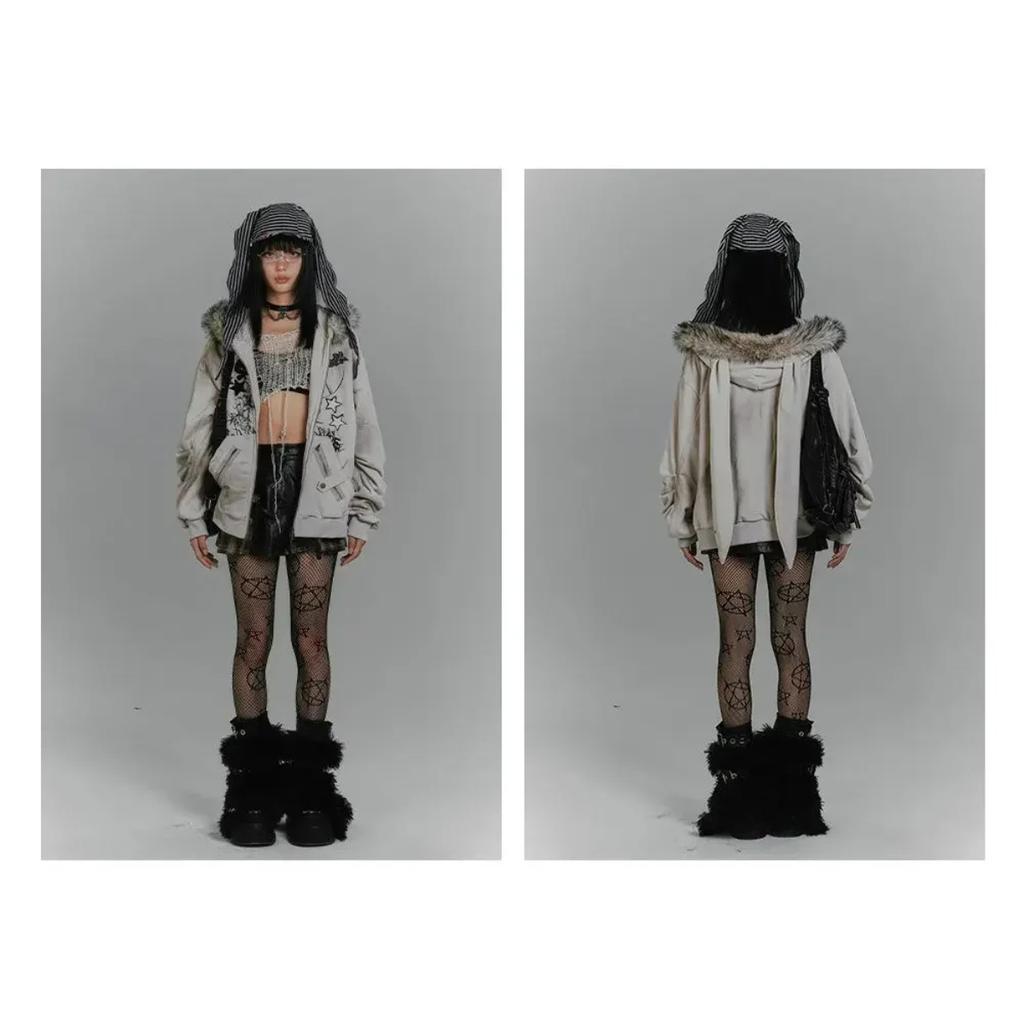 2KWEIRD American Retro Hoodie Women Gothic Simple Print Rabbit Ears Zipper Hooded Fur Collar Sweatshirt Fashionable Harajuku Jacket Tops
