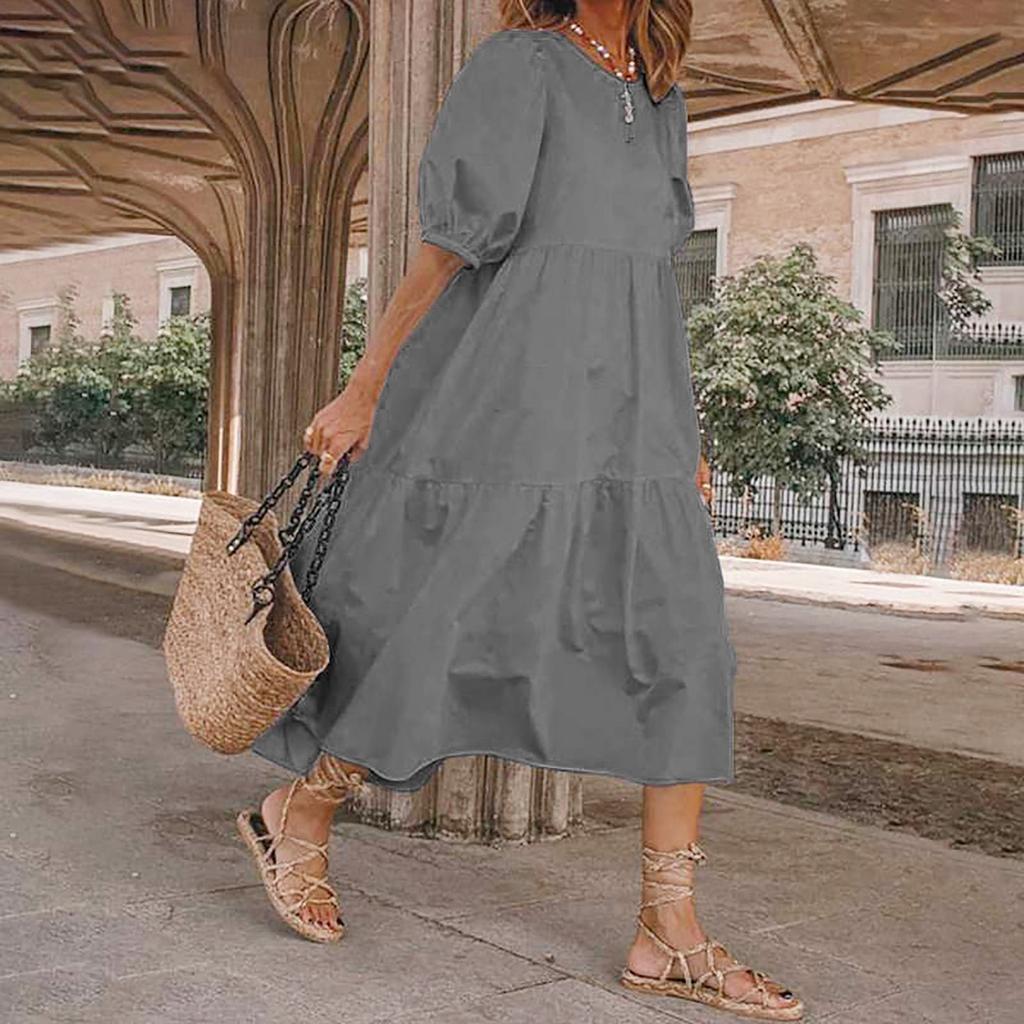 Women's Summer Casual Solid Color Puff Short-sleeve O-neck Big Swing Shirring Stitching Cotton Linen Dress