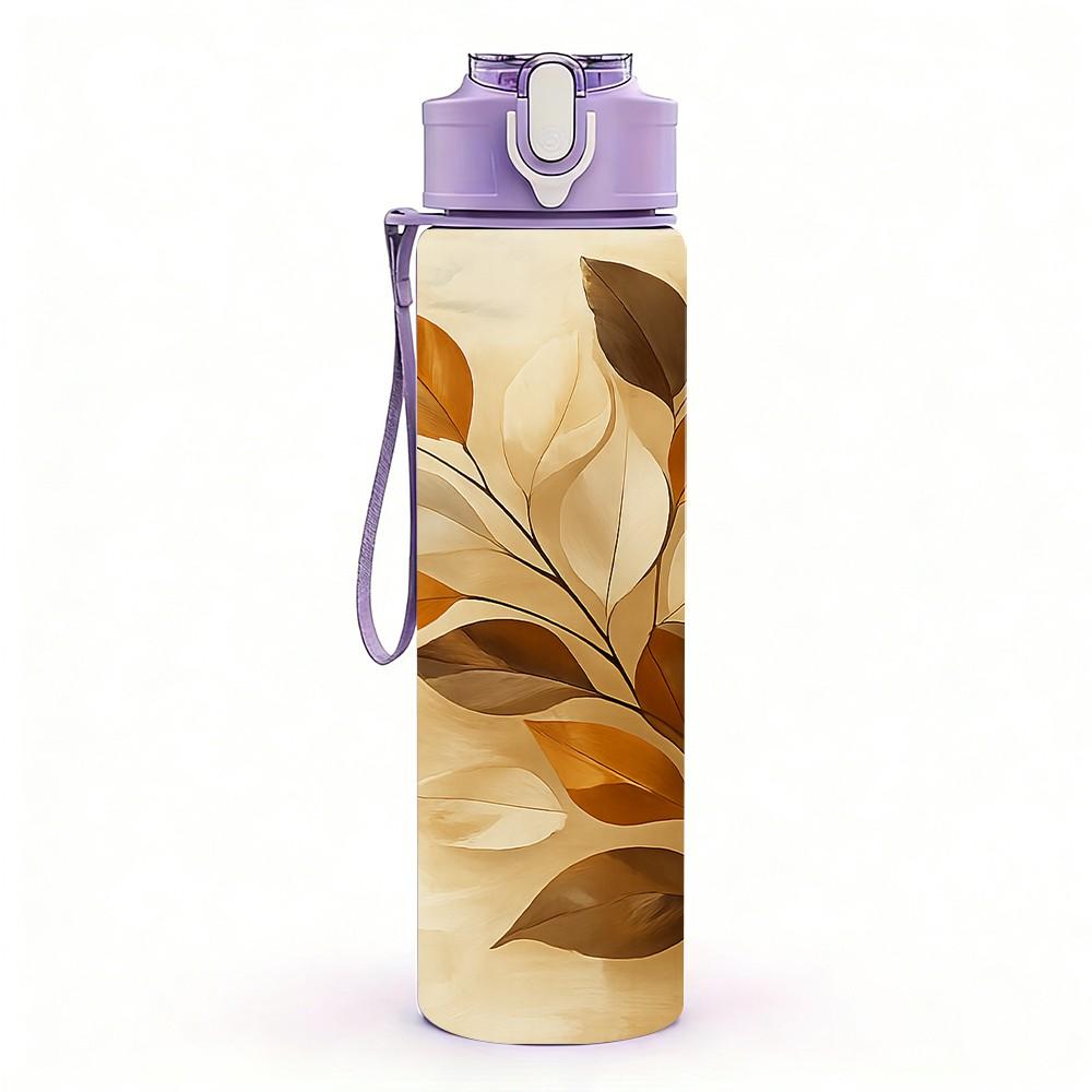 1PC Warm Tone Dry Leaf Art 750ml Color Plastic Sports Water Bottle Leakproof Flip Straw Lid Suitable for Sports Office Home Use