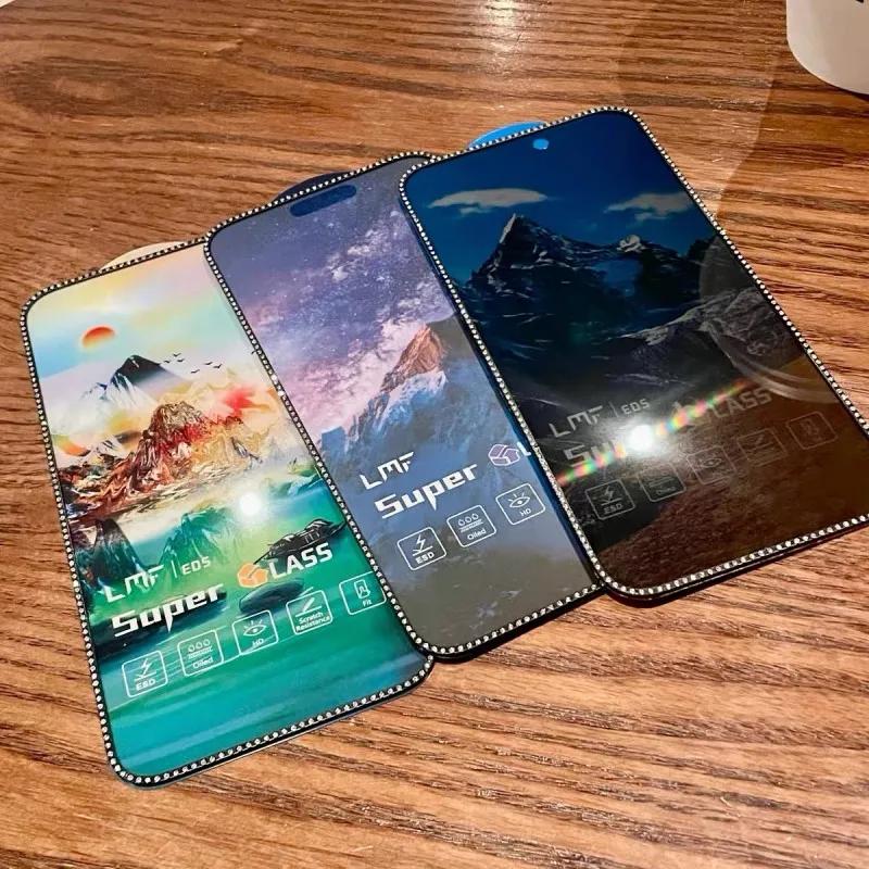 New Diamond Plated Tempered Glass For Iphone 16 15 14 13 12 11 Pro Max X XS XR XS Max 3D Stereoscopic Diamond Inlaid Anti Peeping Matte Glass