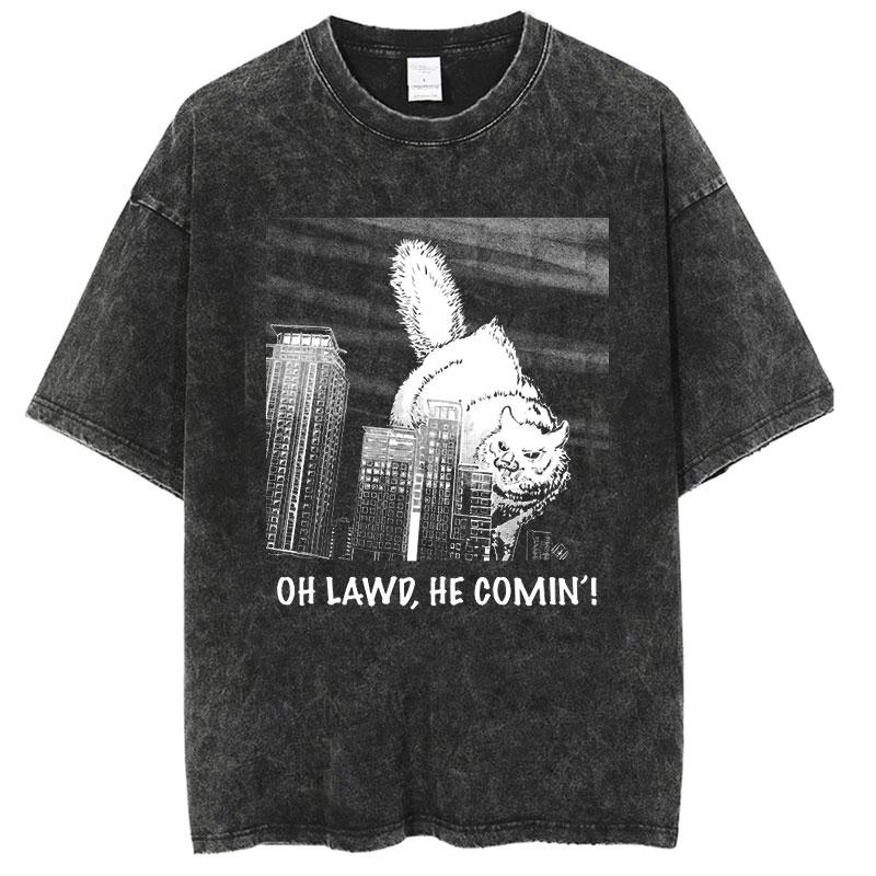 Summer America Other Old Washed Cross-border Large Size Loose T-shirt Catzilla Monster Cat Male and Female Students Tide