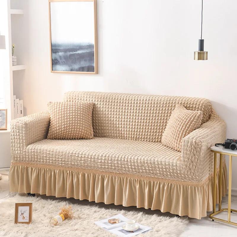 High Elastic Bubble Grid Sofa Cover 1/2/3/4 with Skirt Hem Universal Stretch Couch Protector for Home Living Room Pet Anti Dirt