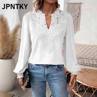 JPNTKY Women's Fashion Casual Solid Color Print Long Sleeve V Neck Blouses & Shirts
