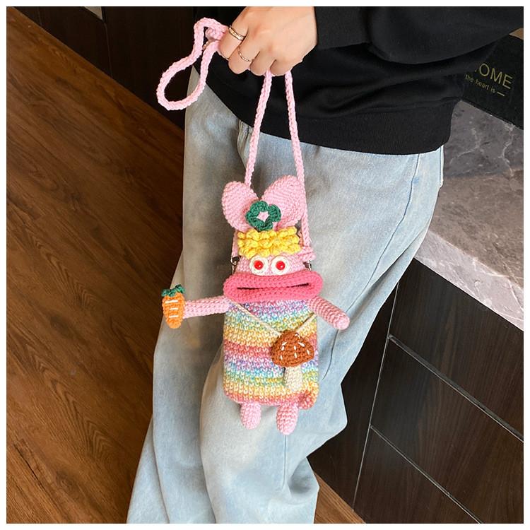 Ugly And Cute Rabbit Woven Crossbody Bag With Radish And Mushrooms For Daily Use